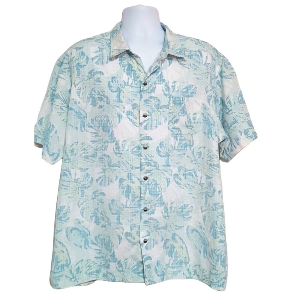 Van Heusen Mens Short Sleeve Shirt XXL Green Blue Leaves Tropical - Picture 2 of 7